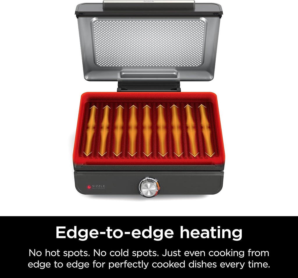 Ninja® Sizzle™ Indoor Grill & Griddle, 14'', 500°F, Grey/Silver, GR101 | Interchangeable nonstick grill & griddle plate, dishwasher-safe lid, 500°F edge-to-edge heat for perfect char-grilled marks.