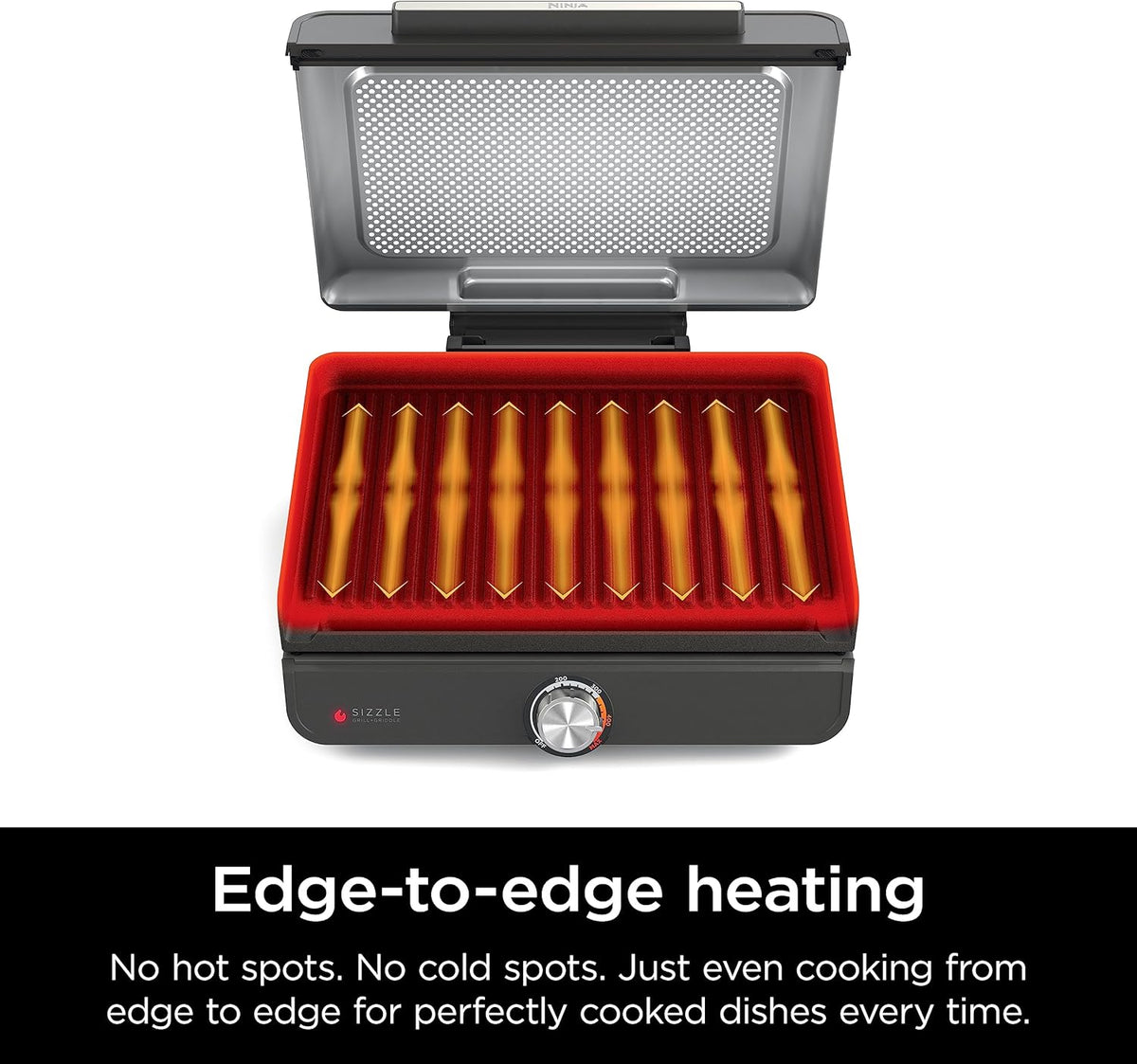Ninja® Sizzle™ Indoor Grill & Griddle, 14'', 500°F, Grey/Silver, GR101 | Interchangeable nonstick grill & griddle plate, dishwasher-safe lid, 500°F edge-to-edge heat for perfect char-grilled marks.