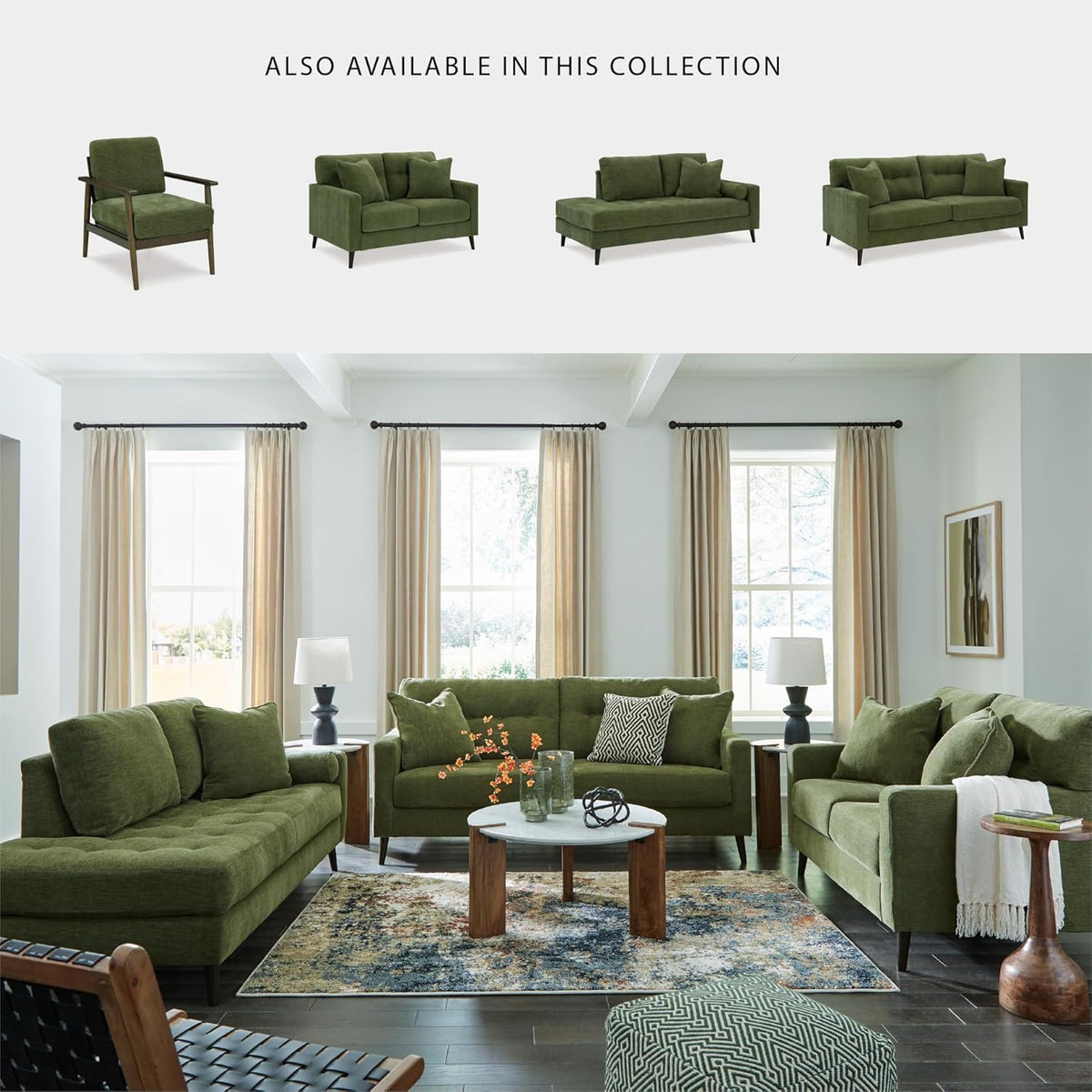 Signature Design by Ashley Bixler Showood Accent Chair, Olive Green | Plush chenille blend upholstery, Reversible cushion, Exposed engineered wood frame, Cozy reading nook, Wood accent chair