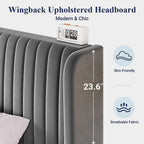 Allewie Queen Size Velvet Bed Frame/Vertical Channel Tufted Wingback Headboard/Upholstered Platform Bed/Strong Wooden Slats/No Box Spring Needed/Easy Assembly/Grey