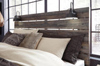 Signature Design by Ashley Drystan King Panel Headboard, Brown | Engineered wood laminate, Built-in LED sconces, Dual USB charging ports, Rustic industrial style