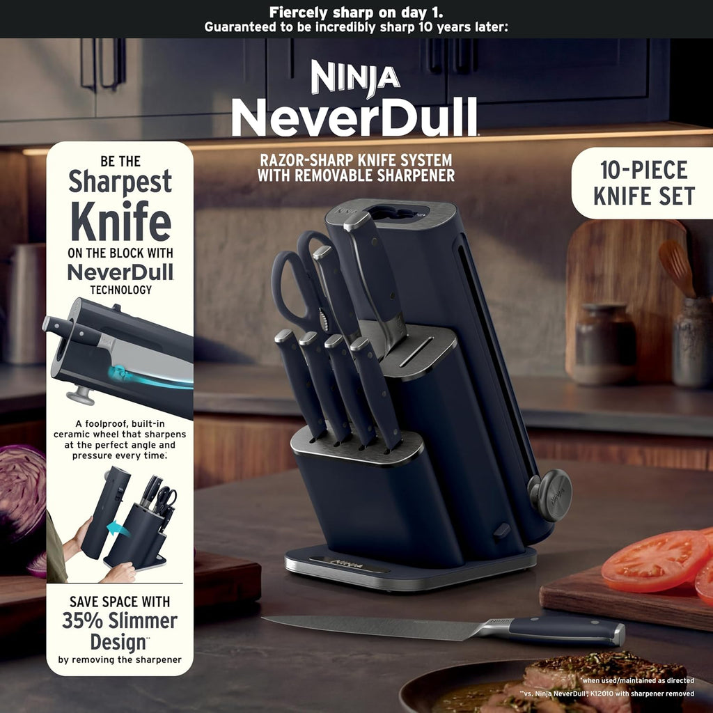 Ninja® NeverDull® 10-Pc German Steel Knife Set, Cyberspace, NK32010BL1 | Stays razor-sharp 10+ years. Premium German steel. Removable sharpener stores in a drawer saving up to 35% more counter space