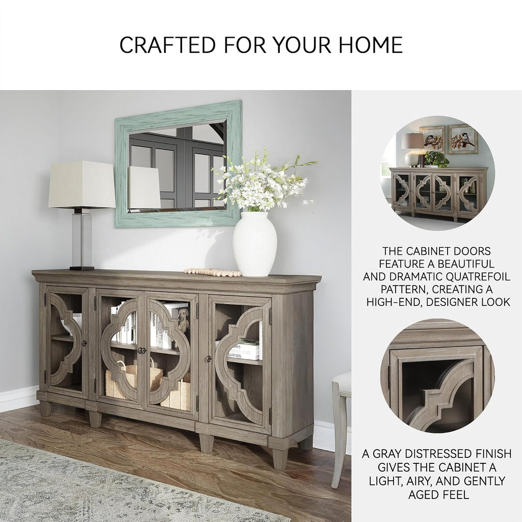 Signature Design by Ashley Fossil Ridge 4-Door Accent Cabinet, Gray | Solid and engineered wood, Tempered glass inlays, Quatrefoil fretwork pattern, 3 adjustable shelves, 76 in width