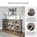 Signature Design by Ashley Fossil Ridge 4-Door Accent Cabinet, Gray | Solid and engineered wood, Tempered glass inlays, Quatrefoil fretwork pattern, 3 adjustable shelves, 76 in width