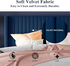 Allewie Queen Size Velvet Bed Frame/Vertical Channel Tufted Wingback Headboard/Upholstered Platform Bed/Strong Wooden Slats/No Box Spring Needed/Easy Assembly/Dark Blue