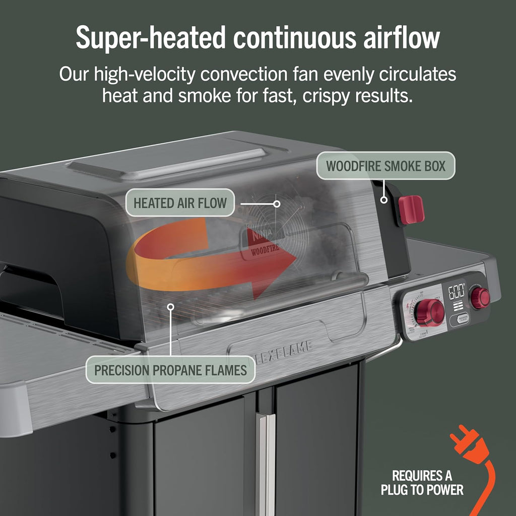 Ninja FlexFlame Grill & Smoker, Electric & Propane, 5-in-1, Steel,PG301 | Ninja FlexFlame is a 5-in-1 grill, smoker & griddle with precise 200-600°F control, fitting 3 chickens or 4 rib racks