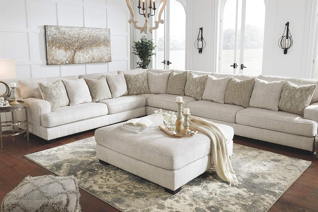 Signature Design by Ashley Oversized Square Ottoman Coffee Table, Beige | Beige chenille ottoman, 100% polyester upholstery, 51-inch dual-purpose footrest, Arrives fully assembled, Rawcliffe Series