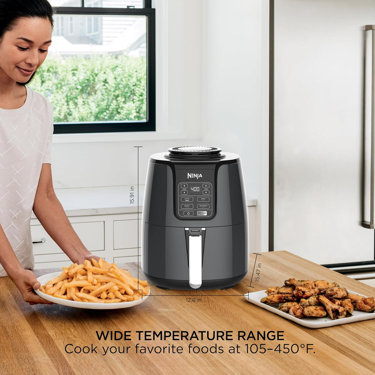 Ninja Air Fryer, 4 Qt Capacity, 4-in-1 Crisp, Roast, Reheat, and Dehydrate, Dishwasher Safe Parts, 105°F-400°F, 1550 Watt, Grey, AF101 | Crisps, roasts, reheats, dehydrates, 1550W, High-gloss finish, Fits 2 lbs fries, Dishwasher-safe