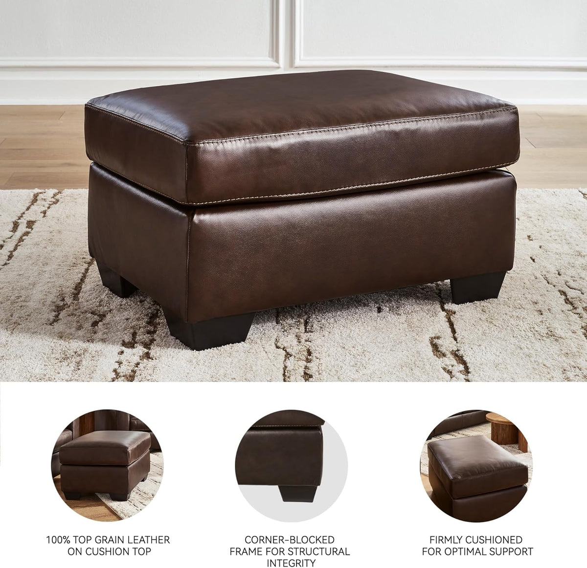 Signature Design by Ashley Santorine Contemporary Leather and Faux Leather Rectangular Ottoman, Top Grain Cushion, Rectangular Footrest and Coffee Table for Living Room, 34" W, Dark Brown