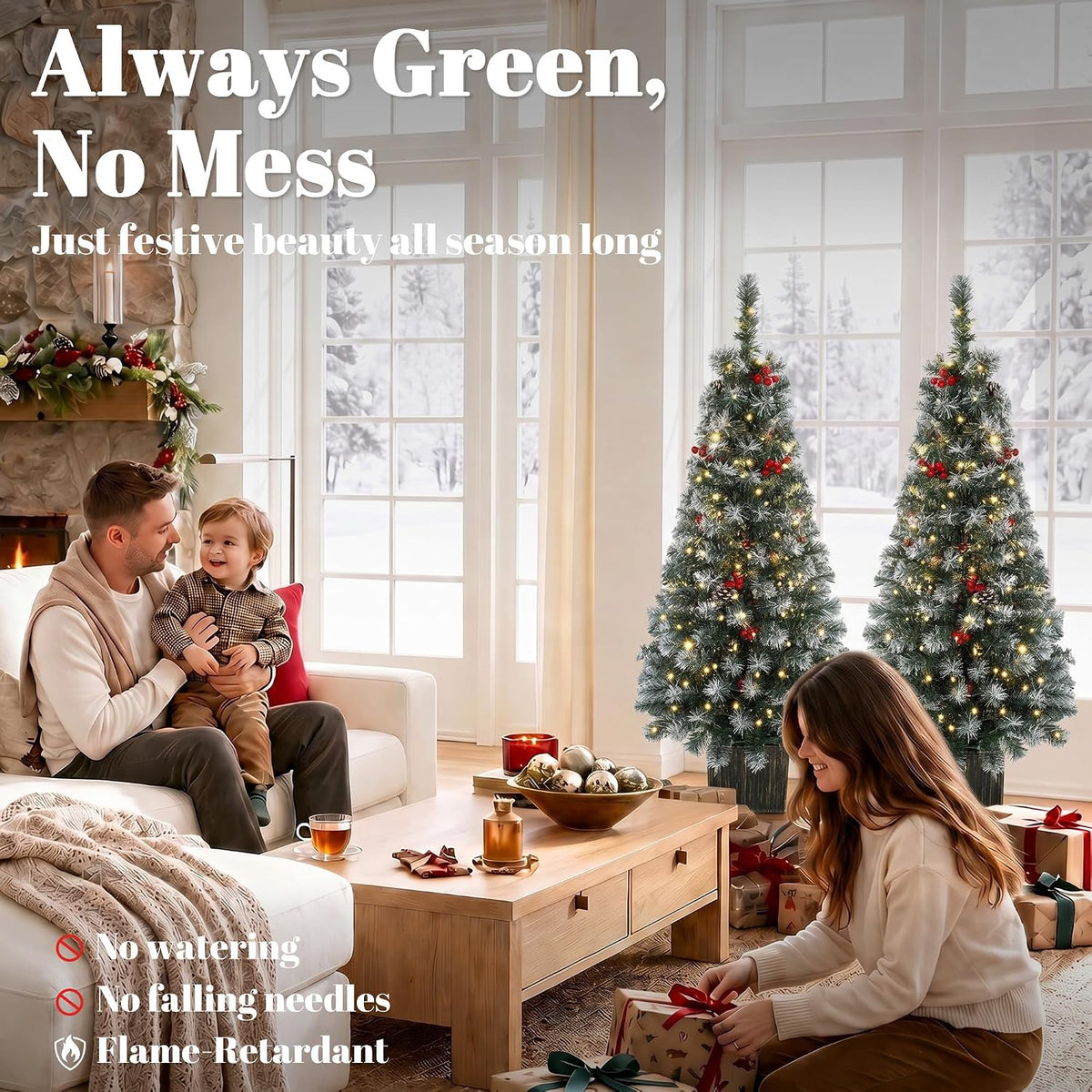 HOMCOM 4ft Pre-Lit Slim Artificial Christmas Tree Set of 2, 100 LED Lights