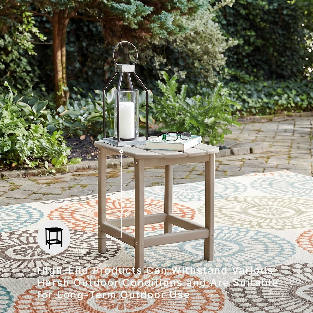 Signature Design by Ashley 1-Piece Outdoor Side Table, Driftwood | Durable weather resistant HDPE, Self-draining slatted top, Compact 15x19-inch footprint, Sundown Treasure Series