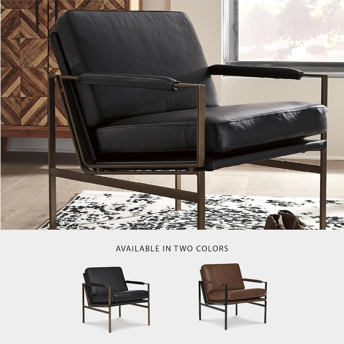 Signature Design by Ashley Puckman Modern Black Leather Accent Chair | Premium combination of leather and faux leather with polished nickel-tone frame, Urban industrial design