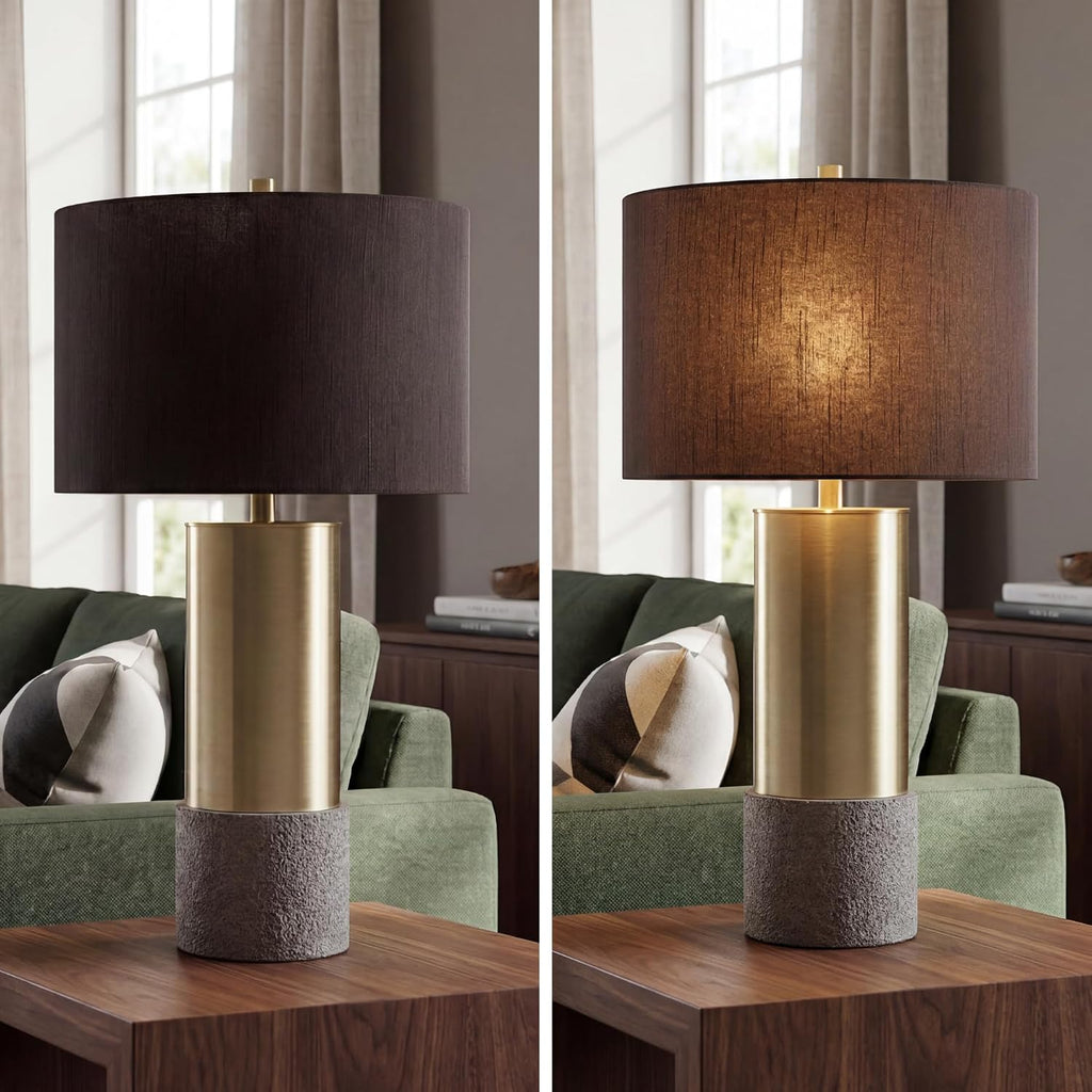 Signature Design by Ashley Jacek Contemporary Table Lamp Set of 2 | Textured faux concrete and brass-finished metal, Black drum shade with goldtone foil interior, Living room and bedside use