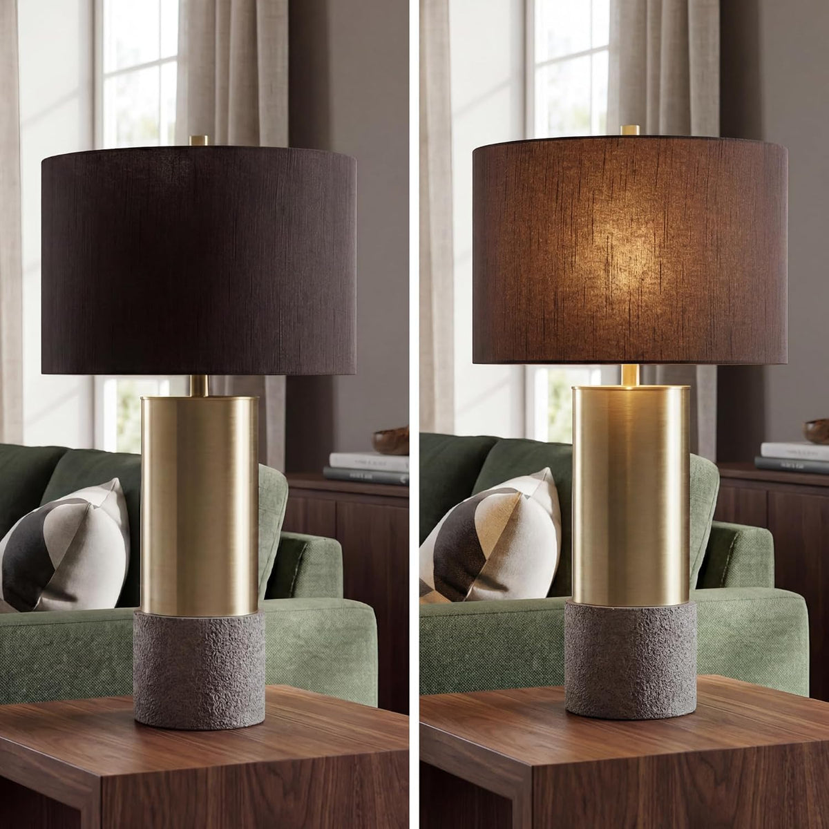Signature Design by Ashley Jacek Contemporary Table Lamp Set of 2 | Textured faux concrete and brass-finished metal, Black drum shade with goldtone foil interior, Living room and bedside use