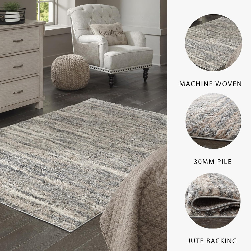 Signature Design by Ashley Modern Shag Rug 8x10, Gray and Beige | Woven polyester with a plush 1.18-inch thick pile, Abstract striped pattern for living room decor, Gizela Series
