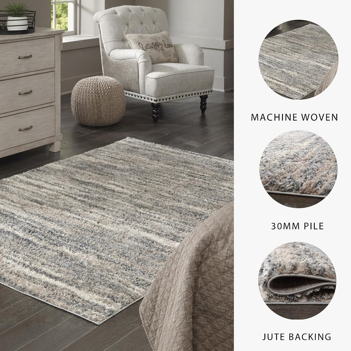 Signature Design by Ashley Modern Shag Rug 8x10, Gray and Beige | Woven polyester with a plush 1.18-inch thick pile, Abstract striped pattern for living room decor, Gizela Series