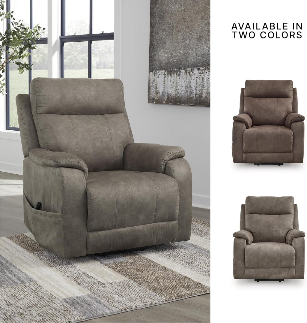 Signature Design by Ashley Dual Motor Power Lift Recliner, Heat & Massage | Fossil suede faux leather, Lift chairs recliners for elderly, Independent back and footrest, Crestmeade Series