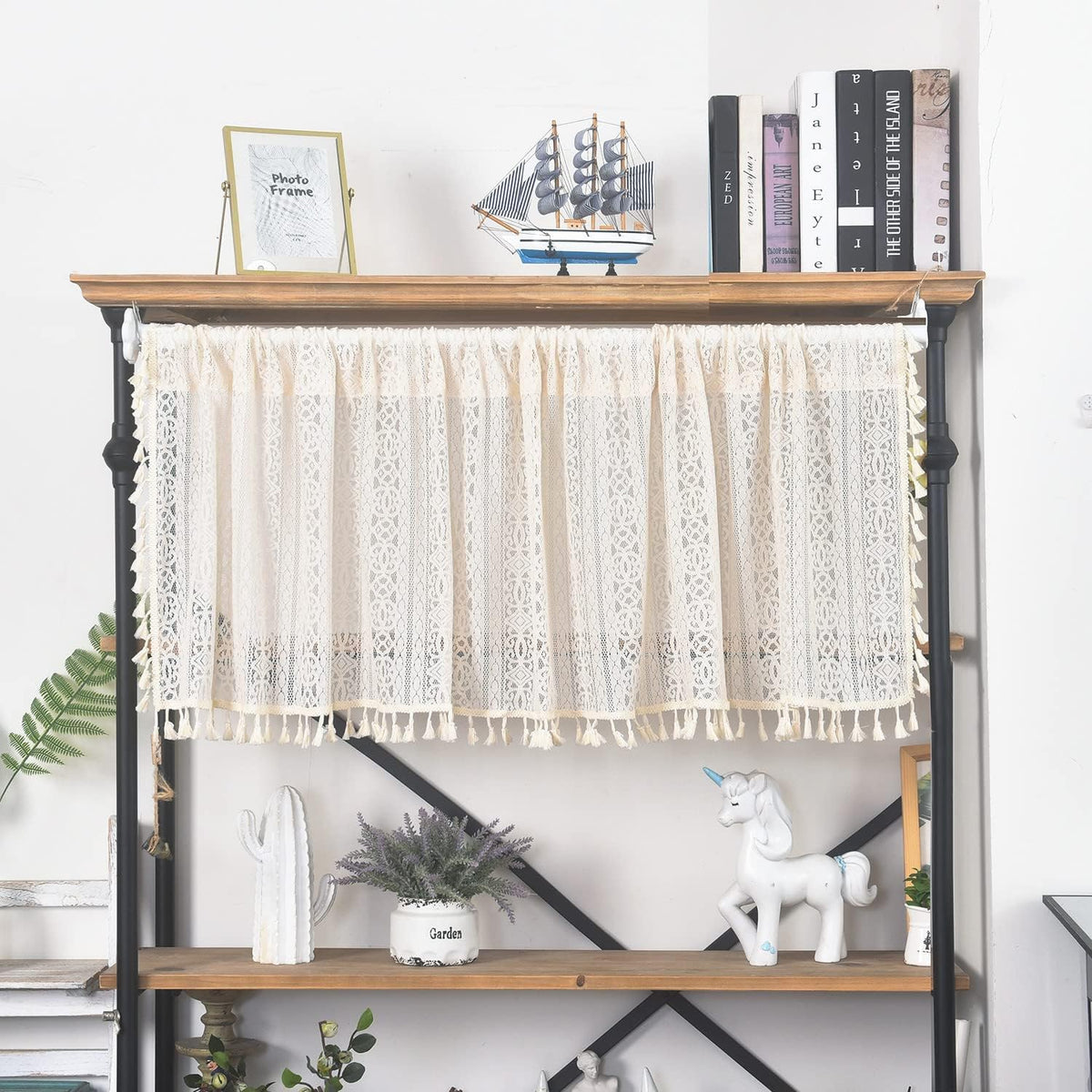 Sutuo Home Boho Curtain Crochet Lace Semi-Sheer Florals Hollow Knitted Handmade Tassels, Rod Pocket Window Treatment Vintage Rustic Farmhouse Drapes for Living Bedroom, 1 Panel 59" W x 84" L, Beige