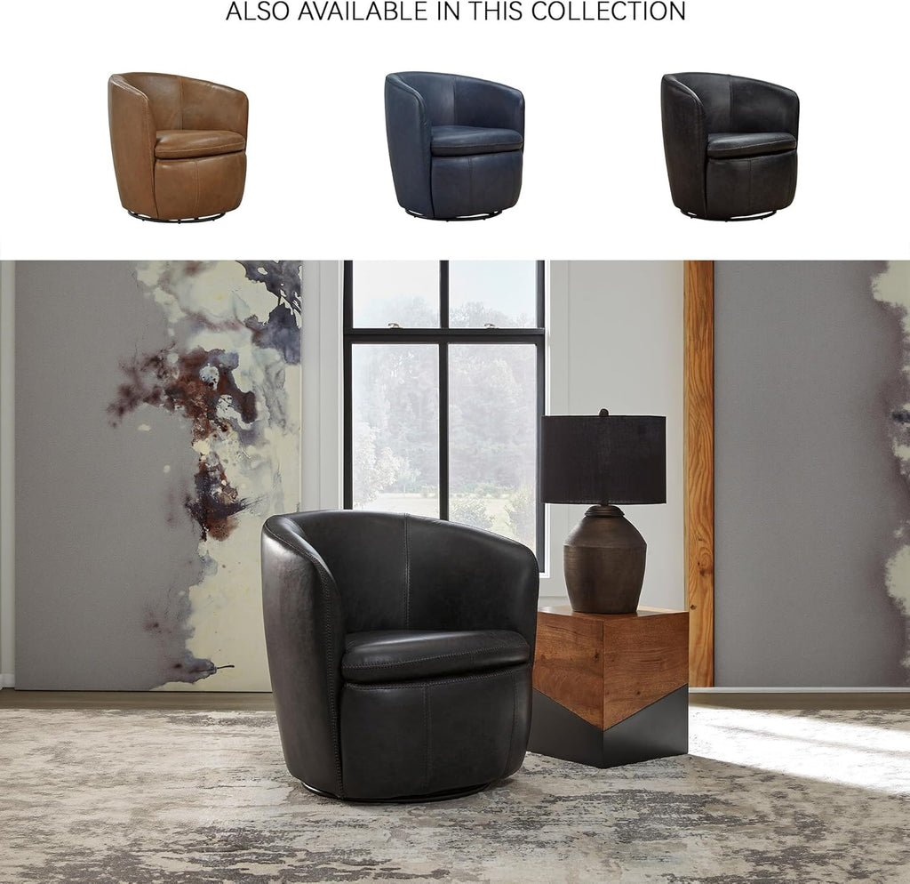 Signature Design by Ashley Leather Swivel Accent Chair, Midnight | 100% top grain leather, Swivel barrel chair, No assembly required, Sloped arms, Sturdy metal frame, Kierreys Series