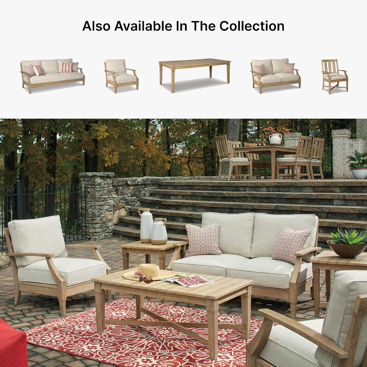 Signature Design by Ashley Clare View 1-Piece Outdoor Lounge Chair, Beige | Eucalyptus wood frame, 5-step protective coating, Nuvella performance fabric, Zippered foam core, 30x35x32 inches