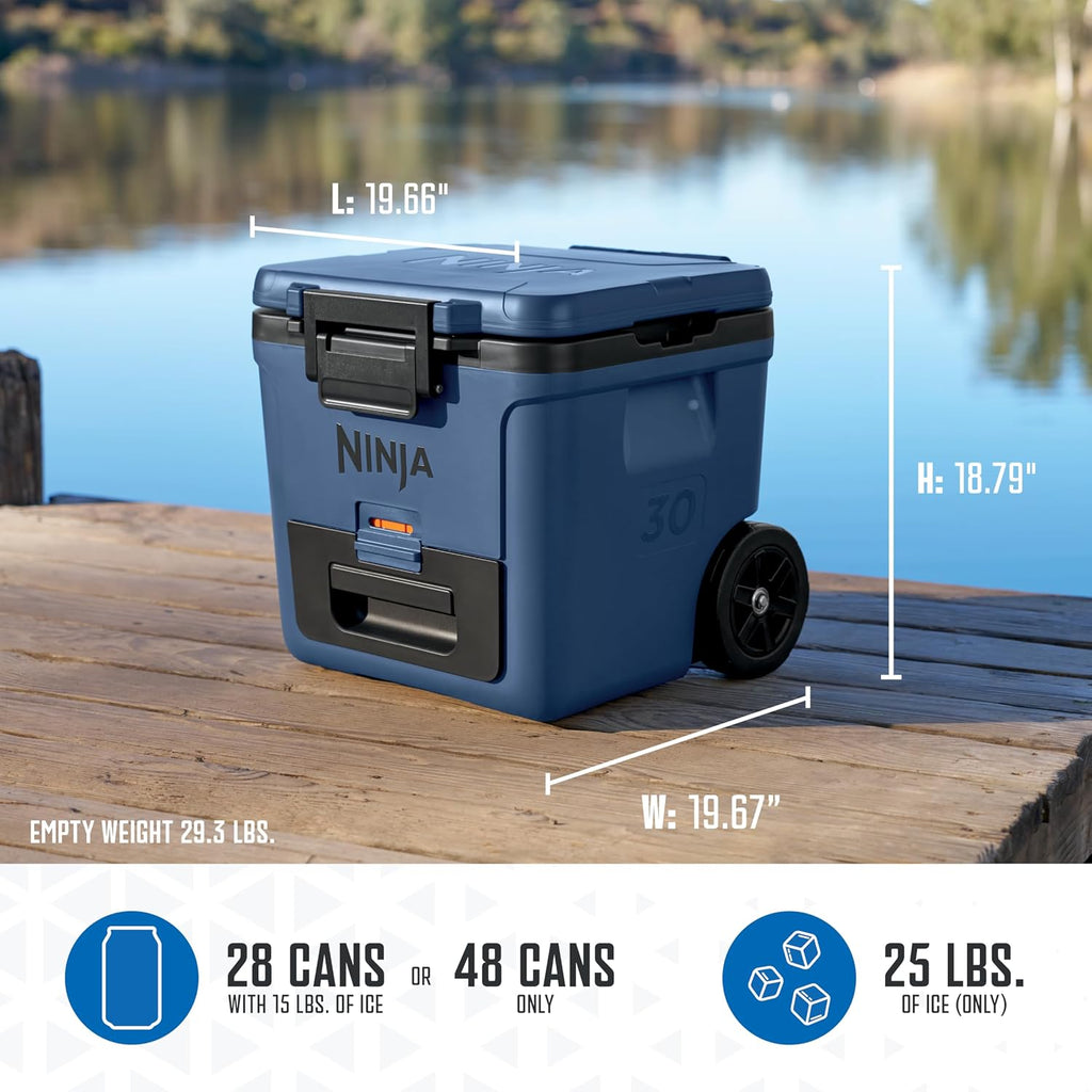 Ninja FrostVault 30qt Cooler with Wheels, Dry Storage, Lakeshore Blue | Ninja FrostVault's 30-qt capacity holds 48 cans, keeps food cool & dry, and rolls easily on all-terrain wheels