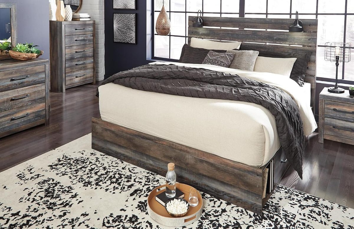Signature Design by Ashley Drystan King Panel Headboard, Brown | Engineered wood laminate, Built-in LED sconces, Dual USB charging ports, Rustic industrial style