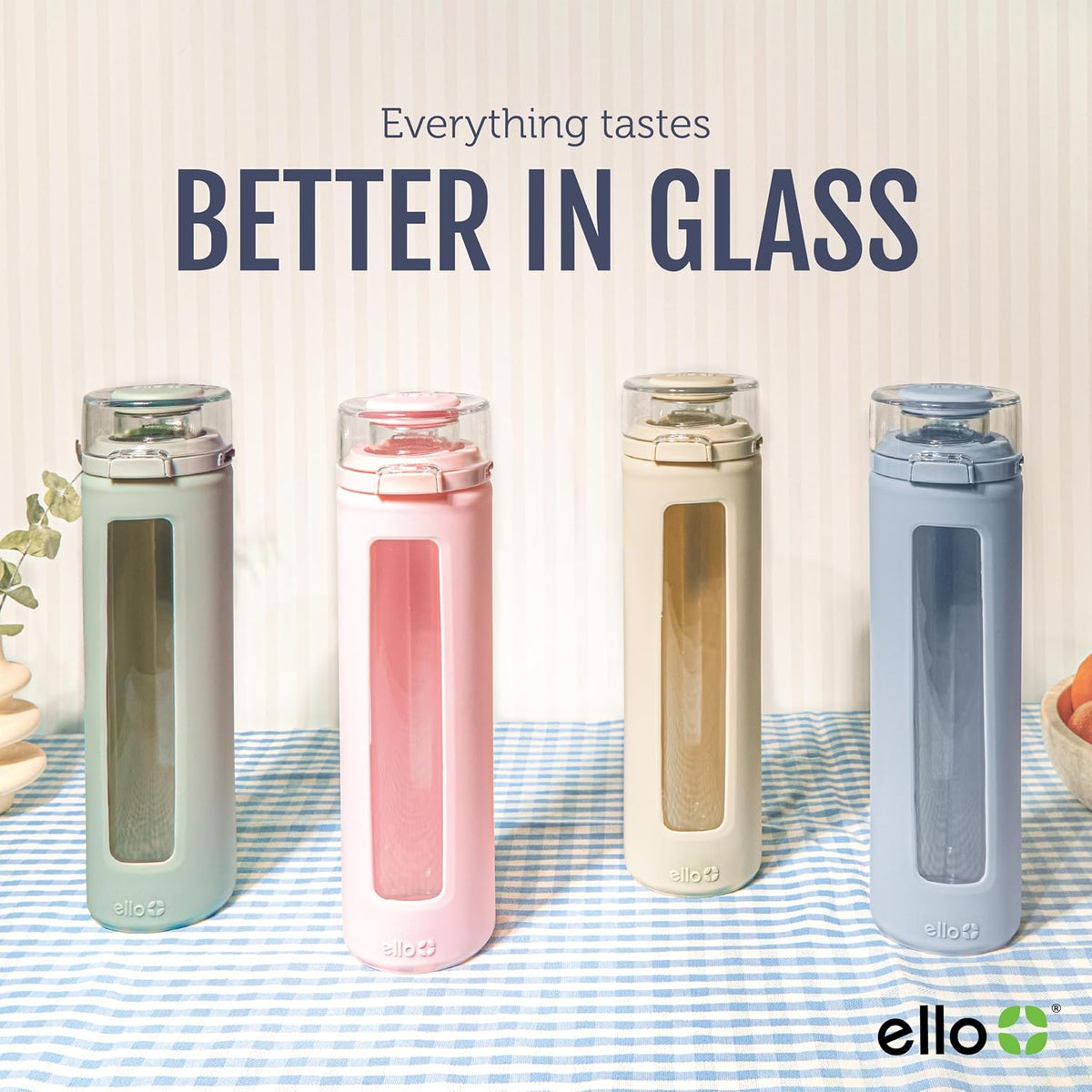 Ello Syndicate 20oz Glass Water Bottle with Flip Lid and Sleeve, Cashmere