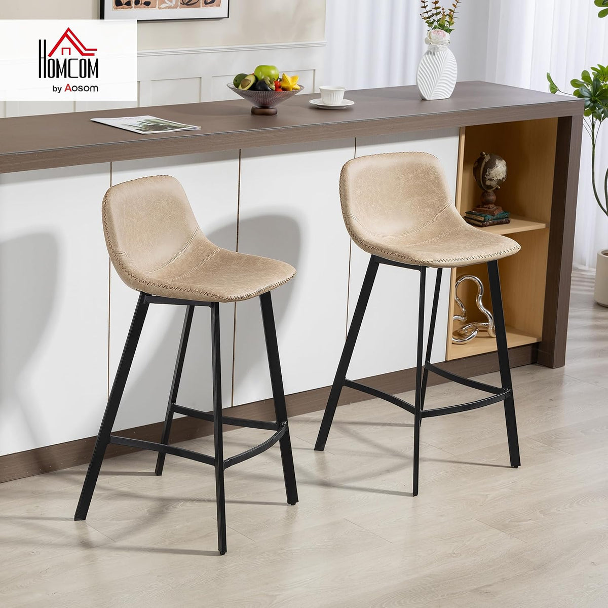 HOMCOM Bar Stools Set of 2 PU Leather Upholstery with Backrest Light Brown