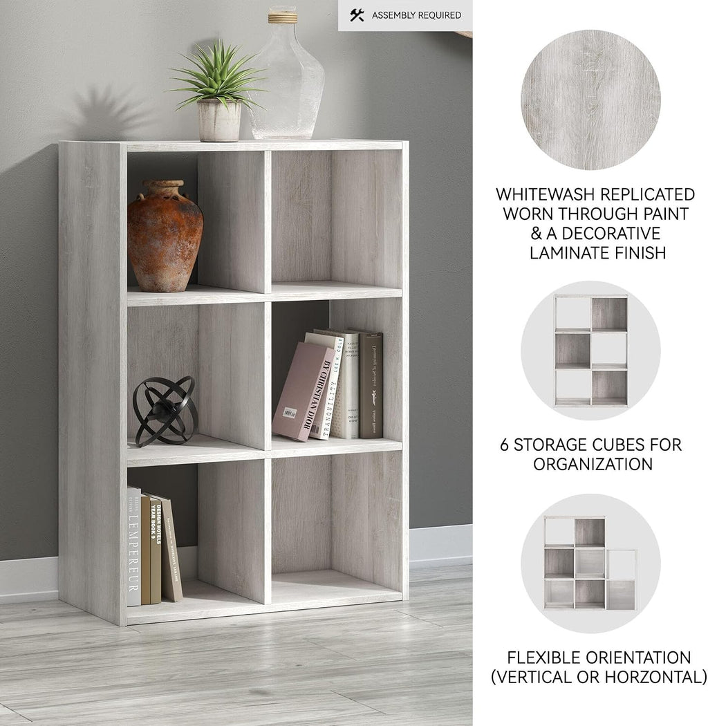 Signature Design by Ashley 6 Cube Storage Organizer Bookshelf, Whitewash | Engineered wood bookcase, Textured whitewash finish, Dual-orientation design, 20-minute assembly, Bedroom use, Paxberry