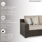 Signature Design by Ashley Coastline Bay Outdoor Patio Sofa, Rust-Free Aluminum Frame, Resin Wicker and Nuvella Fabric, Casual Seating for Sunroom or Deck, Brown and Beige