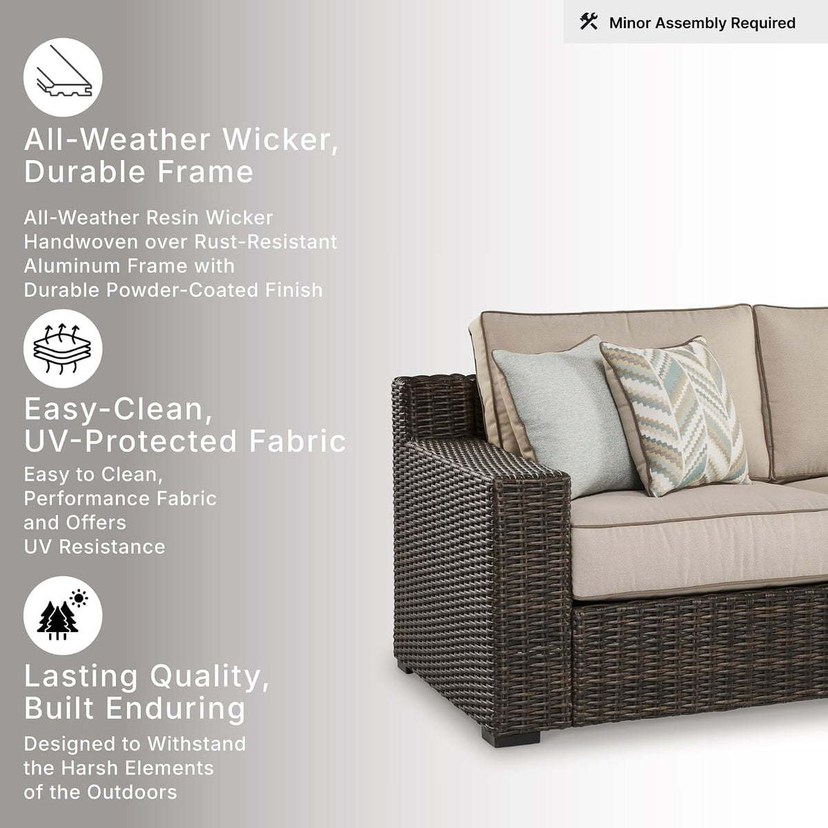 Signature Design by Ashley Coastline Bay Outdoor Patio Sofa, Rust-Free Aluminum Frame, Resin Wicker and Nuvella Fabric, Casual Seating for Sunroom or Deck, Brown and Beige