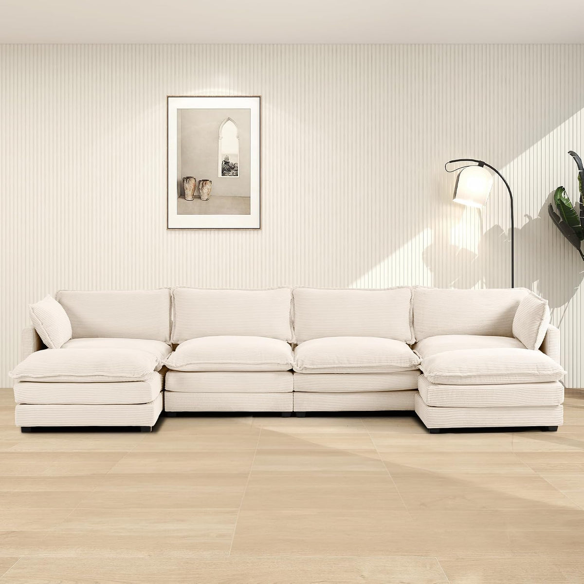ROWHY 112'' Sectional Modular Cloud Couch, Oversized 5 Seat Couches U Shaped Sofa with 2 Movable Ottomans, 2 Throw Pillows, Upholstered Corduroy U Shape Comfy Deep Couches for Living Room, Beige