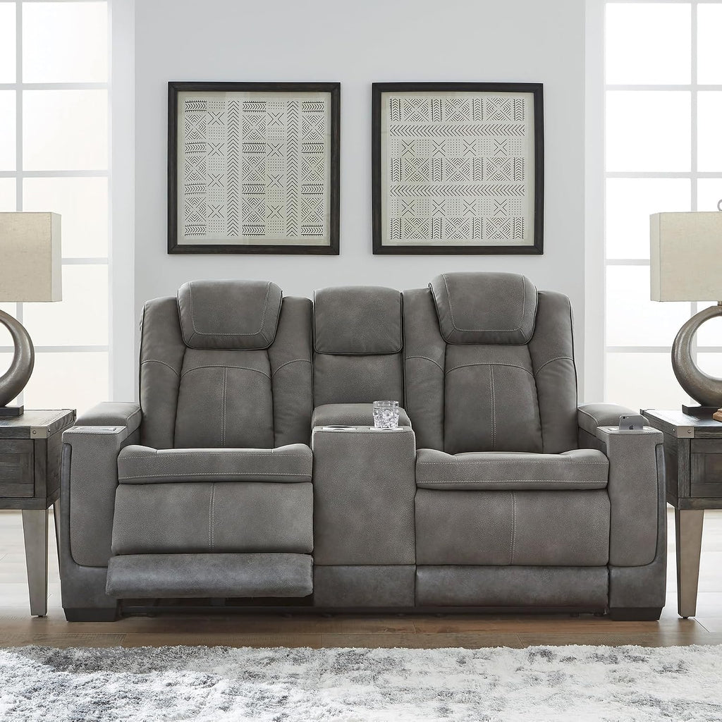Signature Design by Ashley Power Reclining Loveseat with Console, Gray | Water-resistant faux leather, Zero-gravity recline, Easy View adjustable headrest, Wireless charging, Next-Gen Durapella