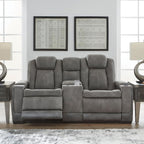 Signature Design by Ashley Power Reclining Loveseat with Console, Gray | Water-resistant faux leather, Zero-gravity recline, Easy View adjustable headrest, Wireless charging, Next-Gen Durapella