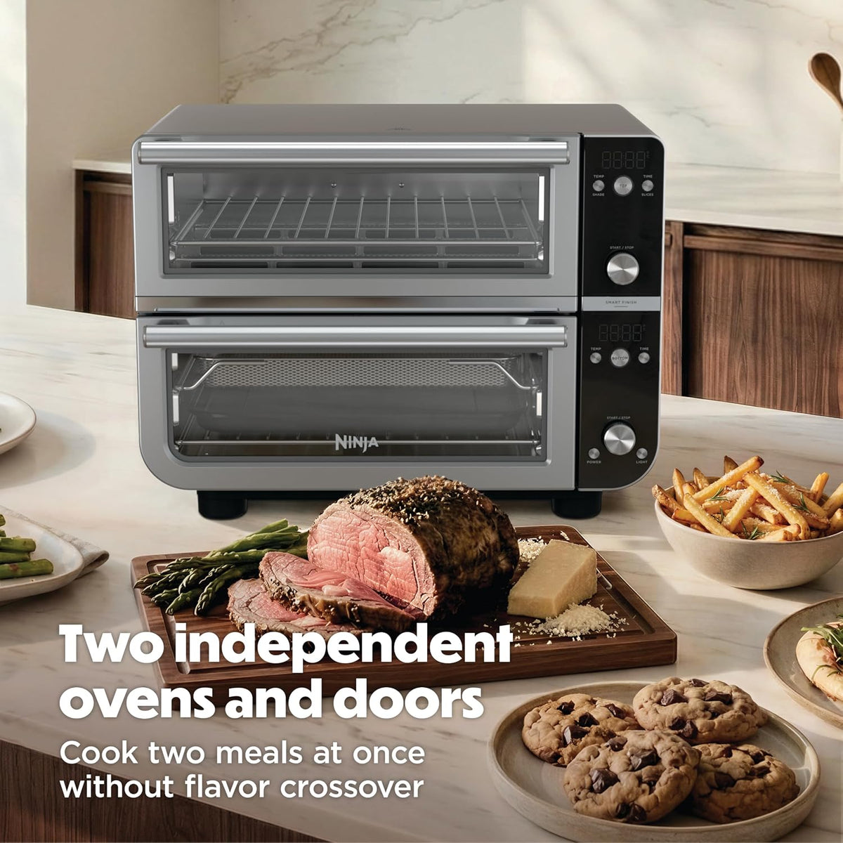 Ninja Double Oven Pro Smart XL, 30.2 Qt, 12-in-1, Stainless Steel, DCT801 | DualZone, Smart Finish, Fits 4.5 lb chicken, Air fry, bake, broil, roast, toast, pizza