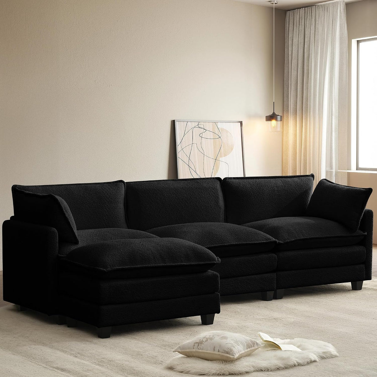 ROWHY 112'' Sectional Modular Cloud Couch, Oversized 5 Seat Couches U Shaped Sofa with 2 Movable Ottomans, 2 Throw Pillows, Upholstered Corduroy U Shape Comfy Deep Couches for Living Room, Beige