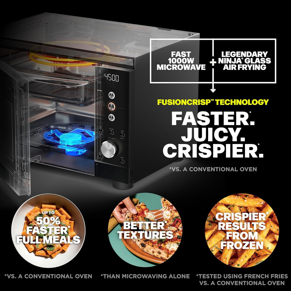 Ninja® Crispi™ Microwave & Air Fryer with FusionCrisp, Black, MW101BK1 | Replaces a countertop microwave and air fryer with 14 functions; Fast 1000W microwave and powerful 1700W Ninja® air fryer.