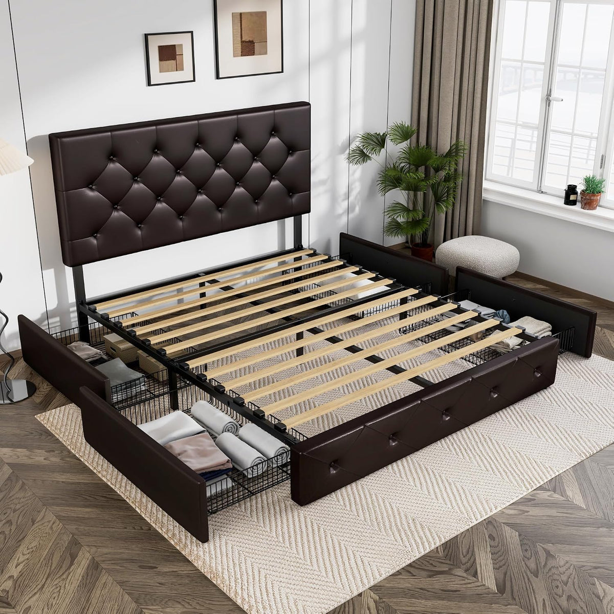 Allewie Queen Size Storage Bed Frame with 4 Underbed Drawers, Upholstered Platform Bed with Adjustable Headboard, Diamond Button Tufted, Easy Assembly, Noise-Free, No Box Spring Needed, Brown
