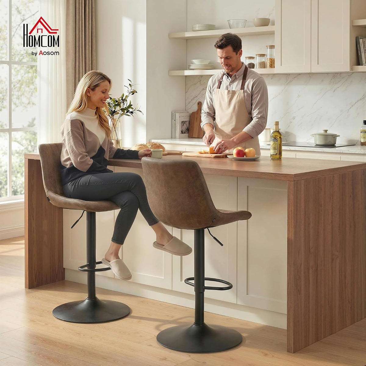 HOMCOM Bar Stools Set of 2 Swivel High Kitchen Island Stools Brown