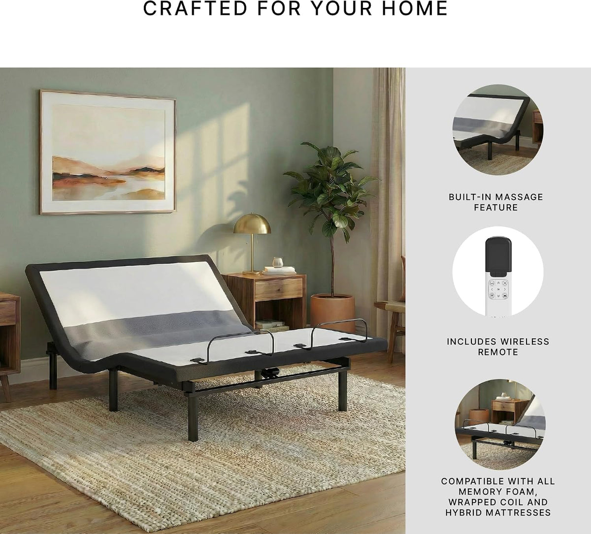 Signature Design by Ashley King Adjustable Bed Frame, Lumbar & Audio | Charcoal gray metal and polyester frame, Multi-color under-bed lighting with motion sensor, 3-year non-prorated warranty