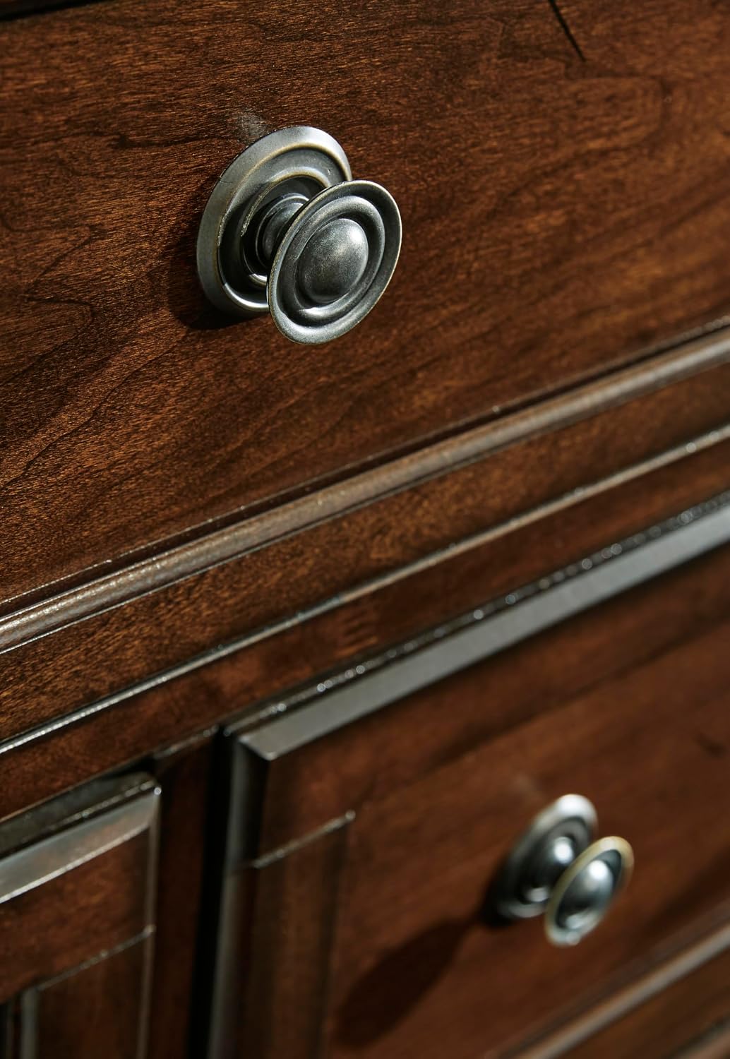 Signature Design by Ashley Porter Traditional Wood Nightstand, Brown | Veneers, wood and engineered wood, 2 smooth-operating drawers, Hidden pull-out tray, Felt bottom, Bun feet