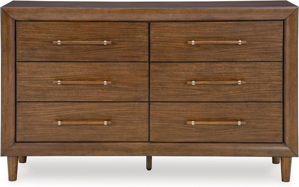 Signature Design by Ashley Mid Century Modern 6 Drawer Dresser for Bedroom | 6-drawer double dresser, Hardwood solids mango wood veneer and MDF substrates, Bedroom storage, Lyncott Series