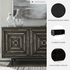 Signature Design by Ashley 72" Black Accent Cabinet Sideboard Buffet | Geometric casual credenza with adjustable shelves, Distressed black wood, veneer and engineered wood, Fair Ridge Series