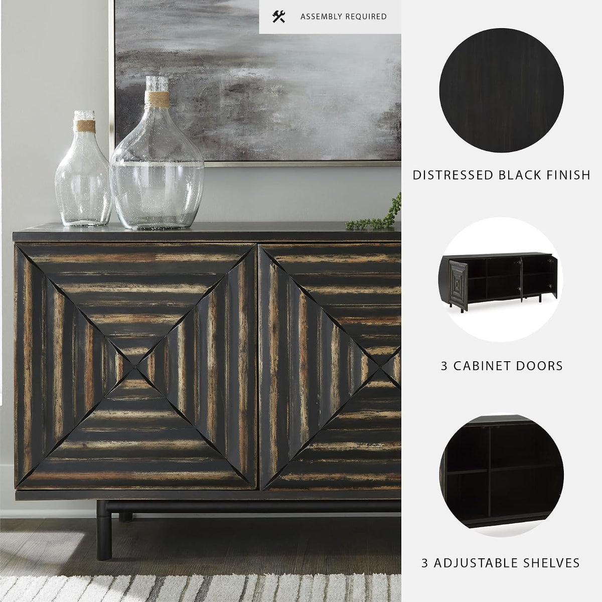Signature Design by Ashley 72" Black Accent Cabinet Sideboard Buffet | Geometric casual credenza with adjustable shelves, Distressed black wood, veneer and engineered wood, Fair Ridge Series