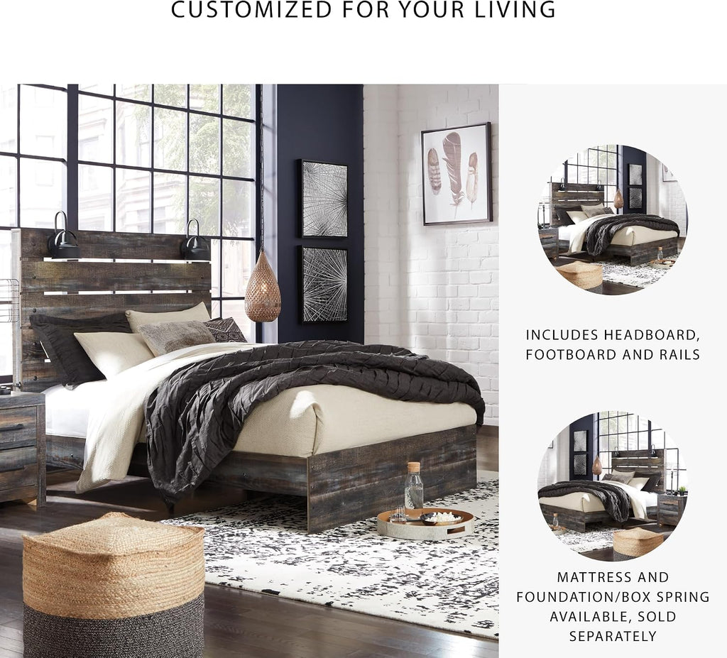 Signature Design by Ashley Drystan Rustic King Size Bed Frame with LED | Rustic brown and gray replicated wood grain with teal accents, Durable engineered wood, Adjustable base compatible
