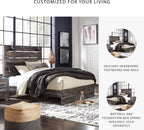Signature Design by Ashley Drystan Rustic King Size Bed Frame with LED | Rustic brown and gray replicated wood grain with teal accents, Durable engineered wood, Adjustable base compatible