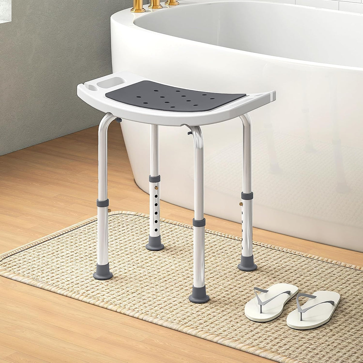 HOMCOM Shower Chair Height-Adjustable Bath Stool for Elderly Grey
