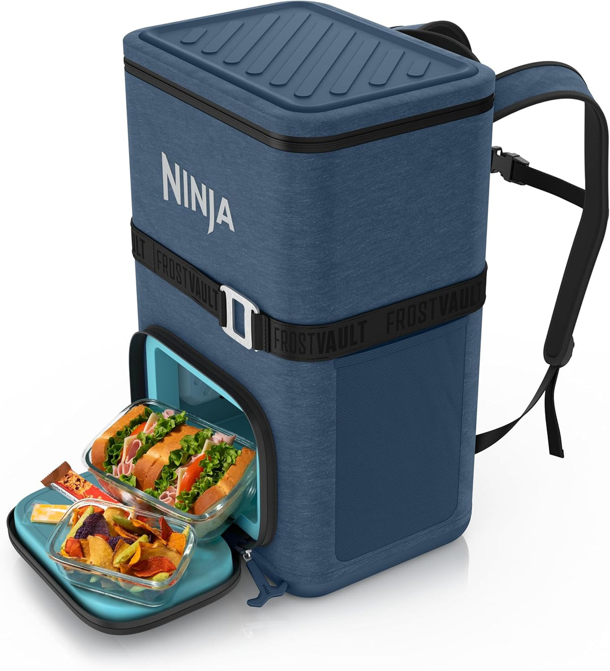 Ninja FrostVault™ Go XL Soft Backpack Cooler, Dry Storage, Lakeshore Blue | Ninja FrostVault Go XL soft cooler, stays cool for hours with a leakproof, easy-access lid, and carries like a backpack