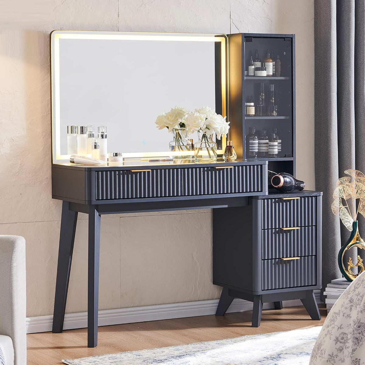 T4TREAM 48" Fluted Makeup Vanity Desk with 36" Lighted Mirror, Oak