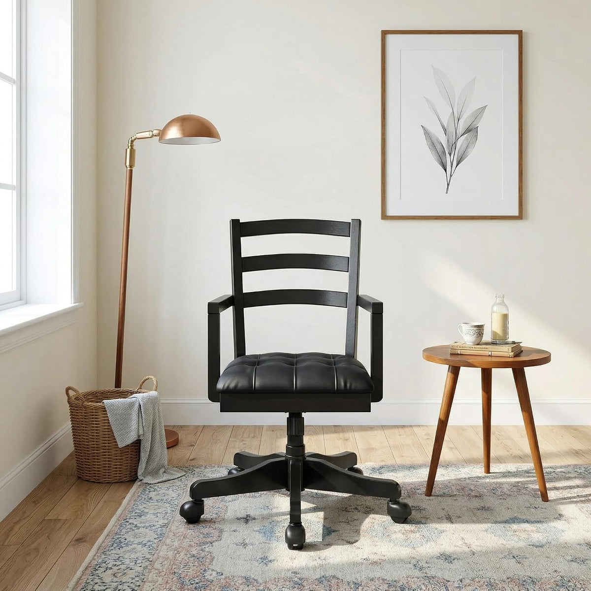 Signature Design by Ashley Wildenauer 1-Piece Swivel Desk Chair, Black | Wood swivel desk chair, Classic ladder back design, Foam cushioned seat, Durable black polyester fabric